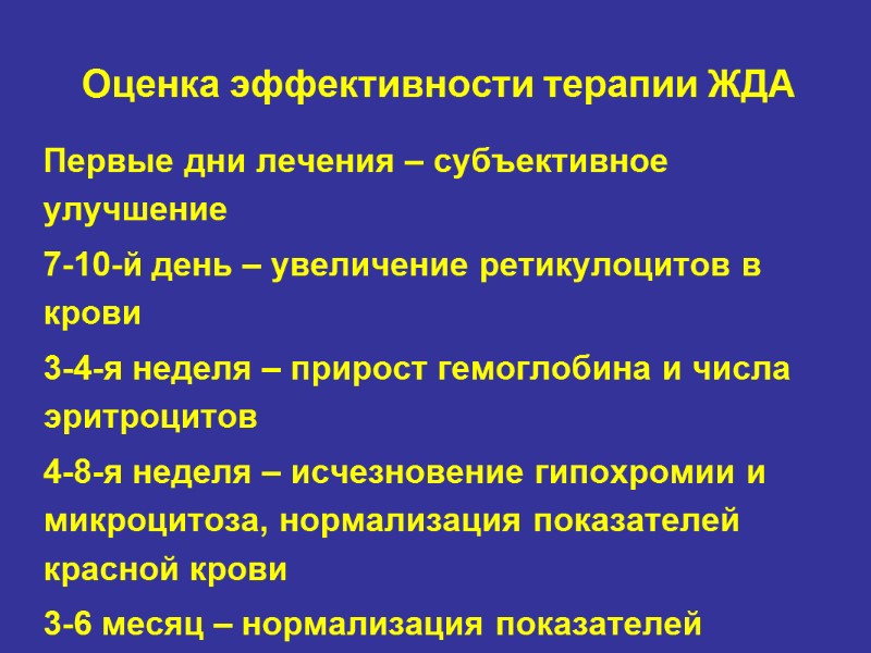 Оценка эффективности терапии ЖДА Первые дни лечения – субъективное улучшение 7-10-й день – увеличение